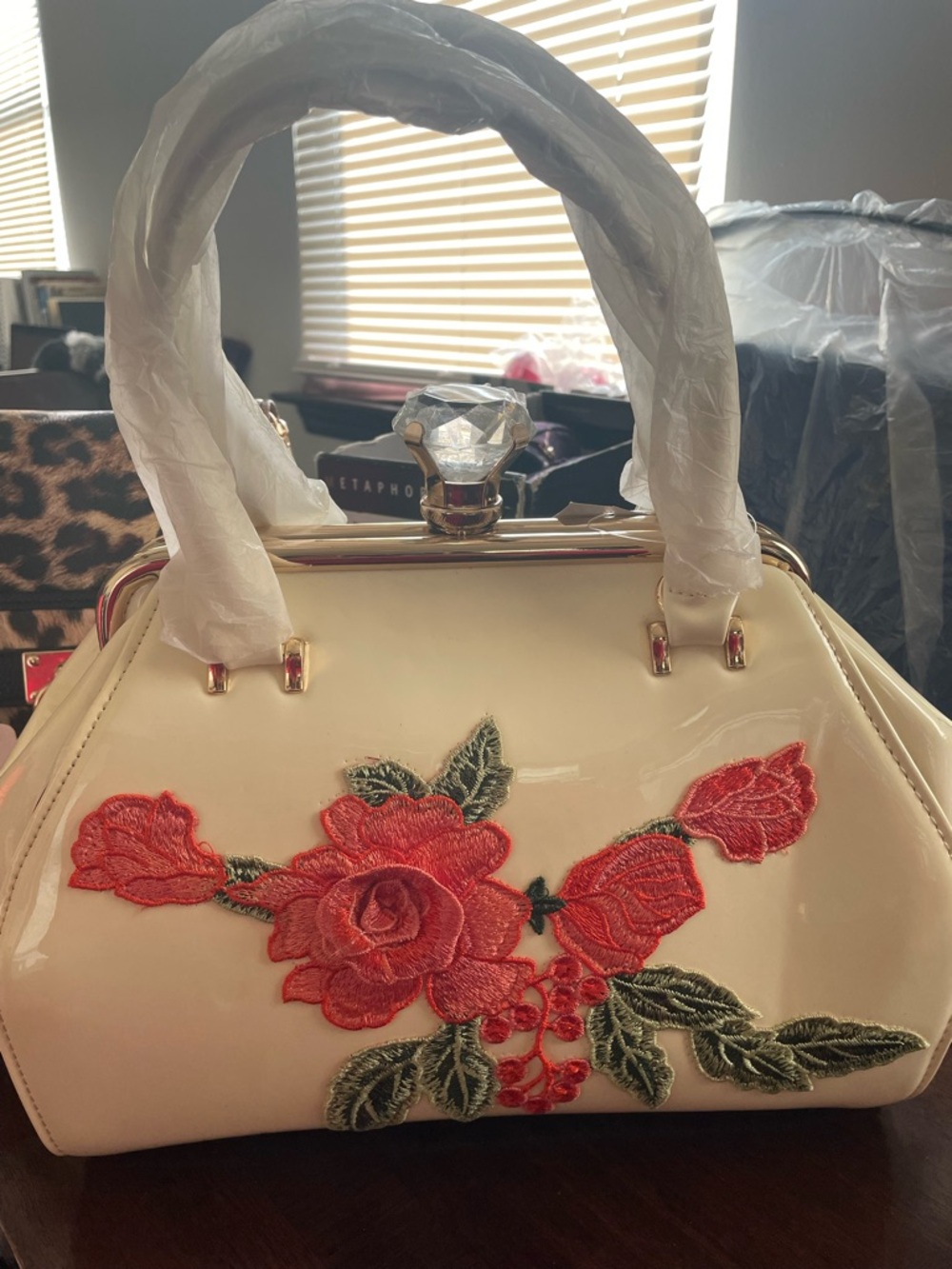 Ivory Floral Embroidered Satchel Handbag